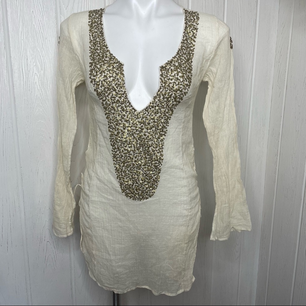 Apsara metallic Gold and Sequined Tunic Top Coverup Ivory Laced Sides Small